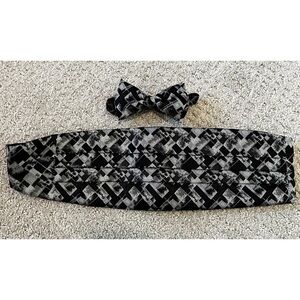 Nino Cerruti Four-Pleat Cummerbund & Bowtie Set Silk Gray Black Geometric Formal